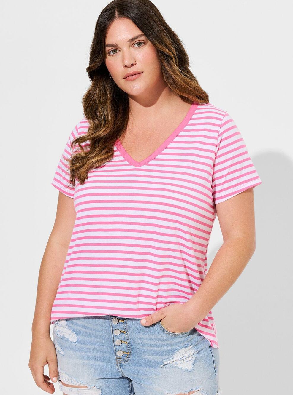 Torrid NWT 00x 00 M/L 10 Girlfriend Signature Jersey V-Neck Tee Pink stripe